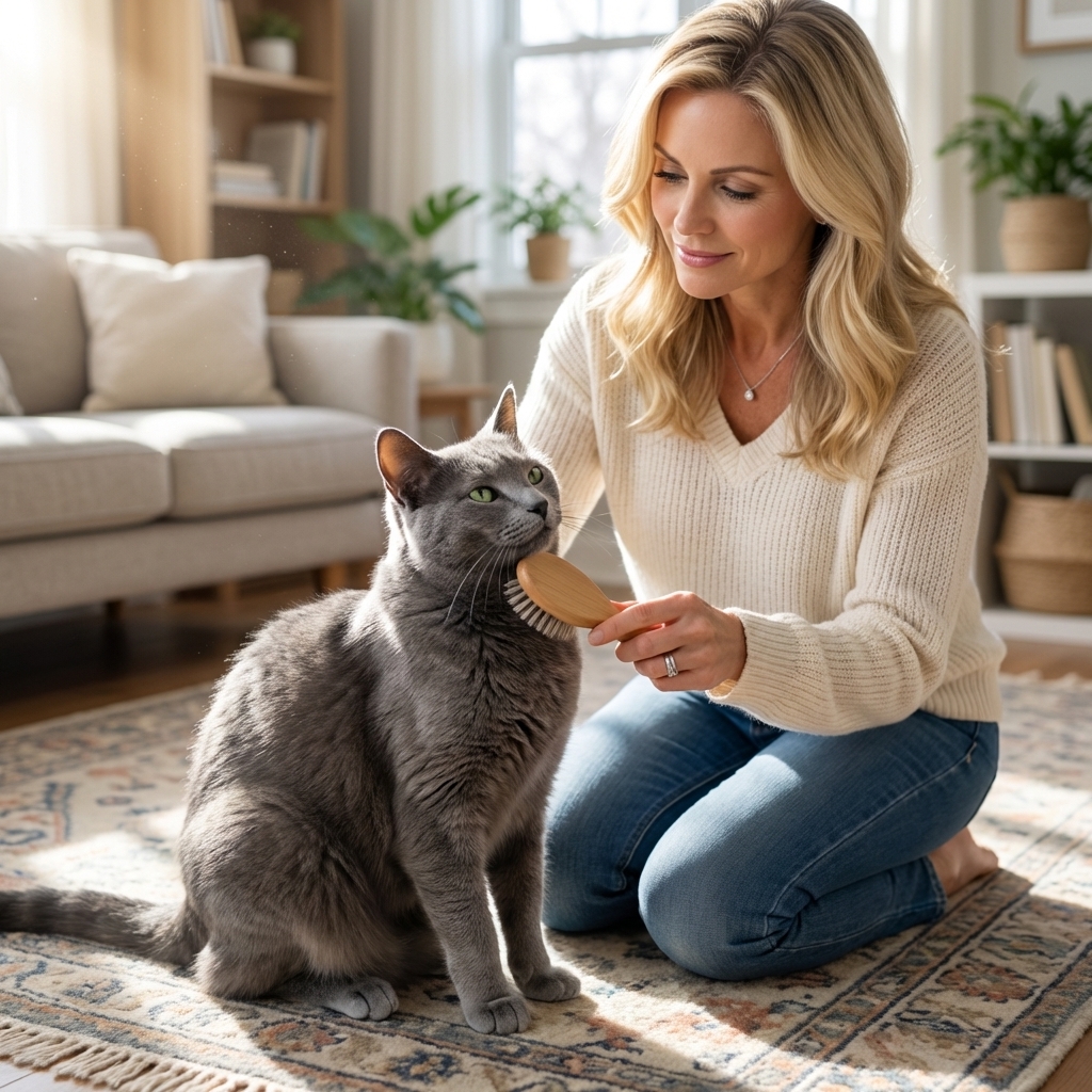 A person gently brushing a Russian Blue cat on a clean living room rug