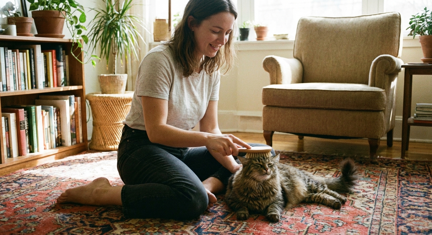A person gently brushing a cat on a living room rug