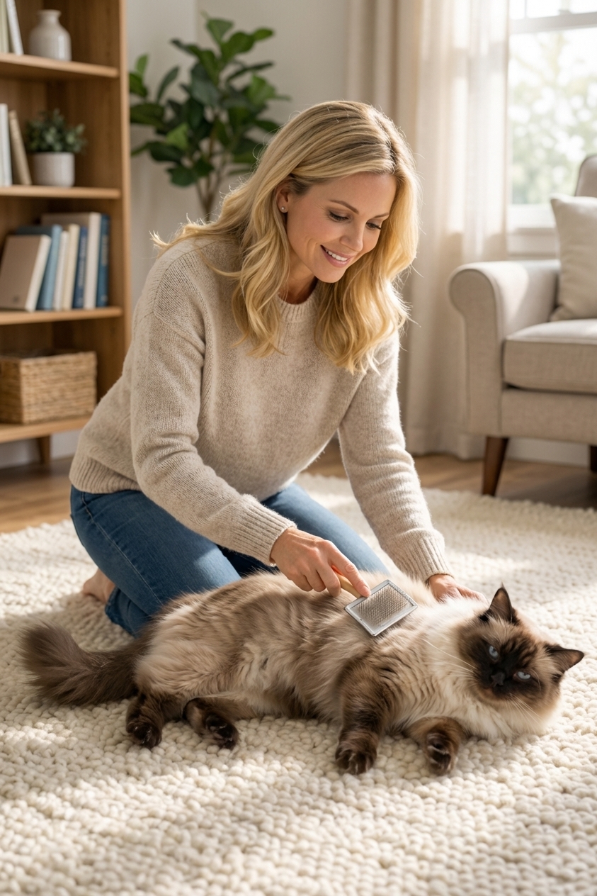 A person gently brushing a fluffy Ragdoll cat on a soft rug