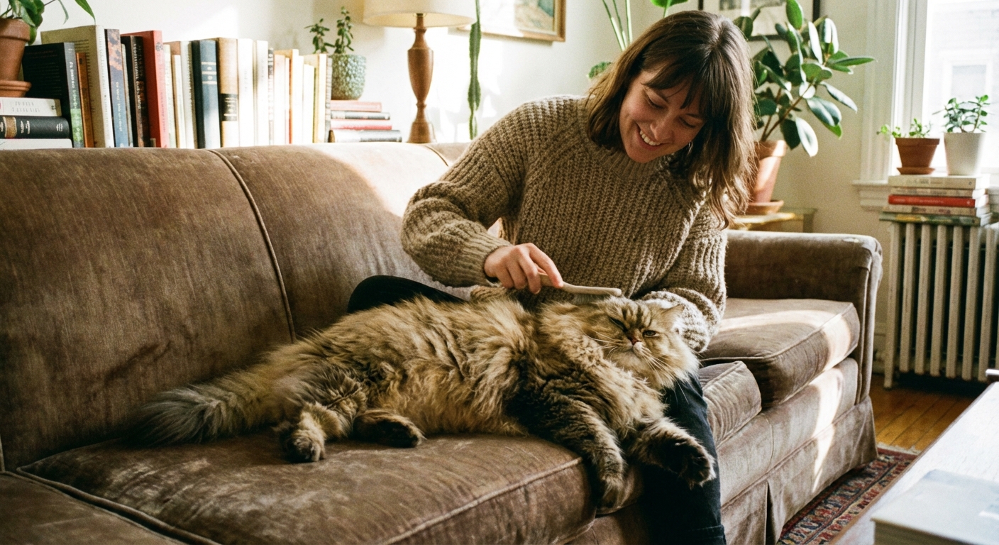A person gently brushing a fluffy long-haired cat on a sofa