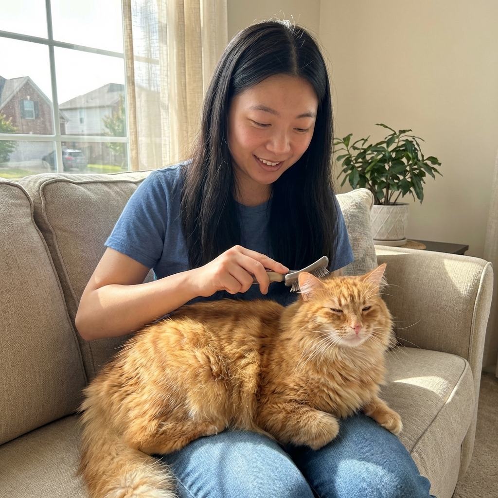 A person gently brushing a fluffy orange cat on a couch in natural window light