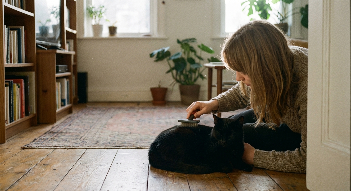 A person gently brushing a glossy black short-haired cat on a quiet living room floor