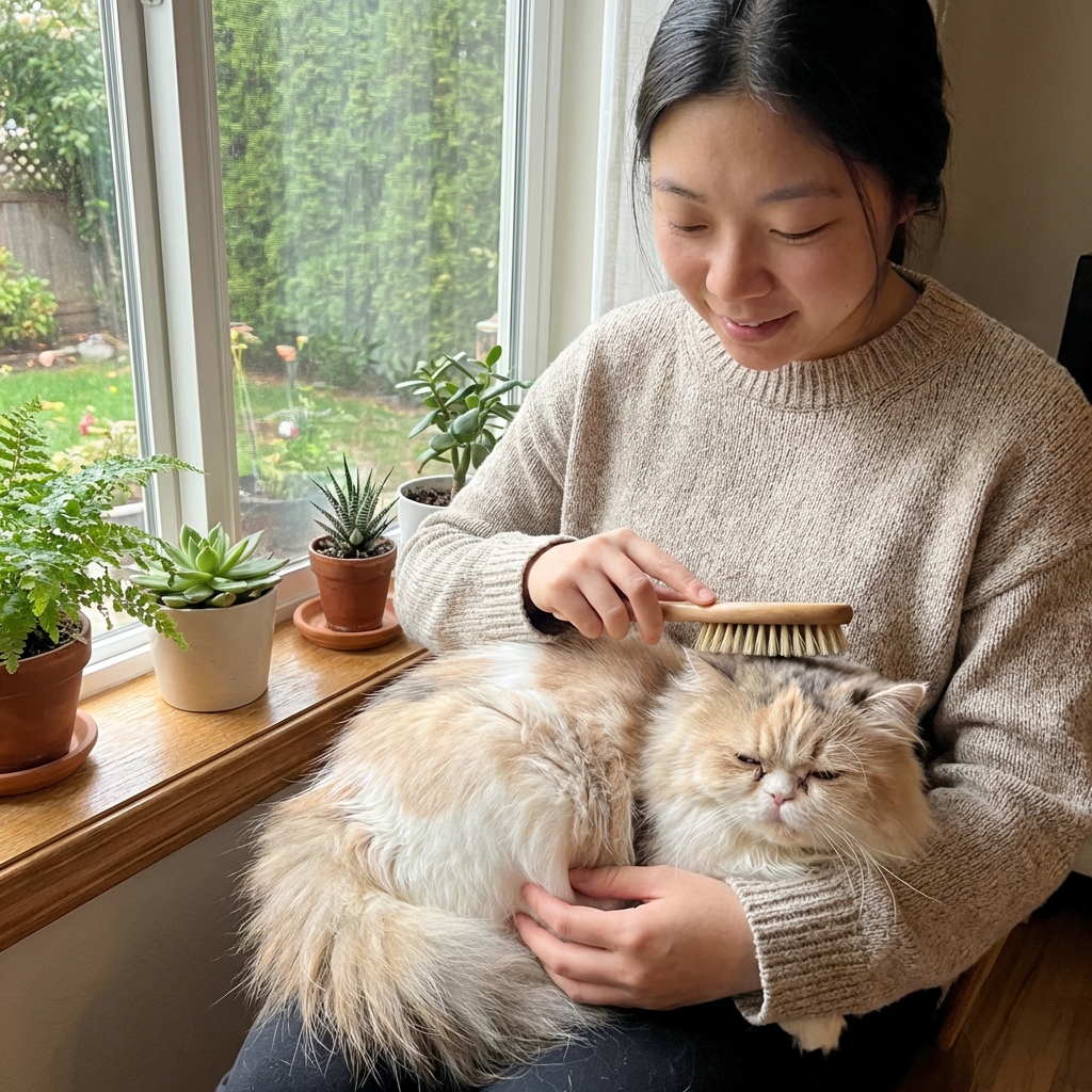 A person gently brushing a long-haired cat near a window with soft daylight
