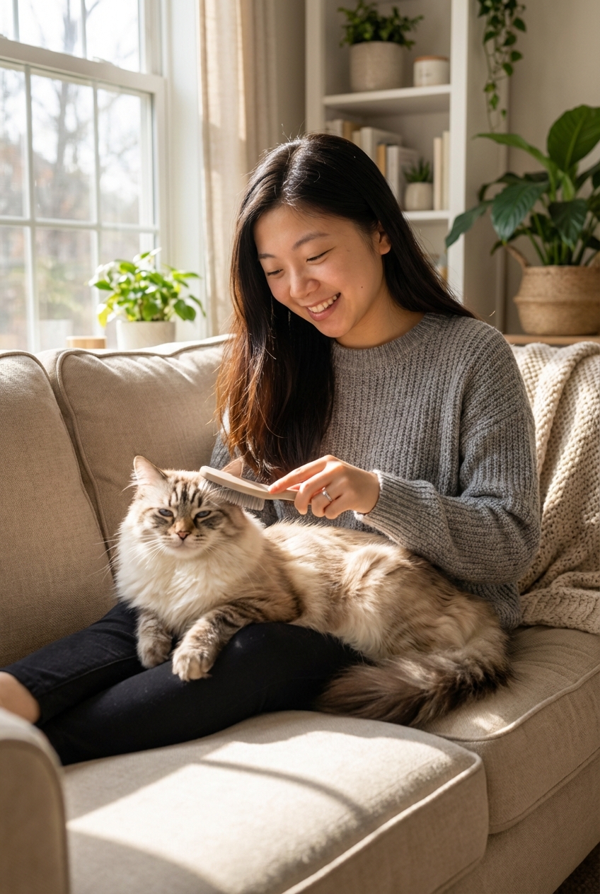 A person gently brushing a long-haired cat on a couch in a well-lit home