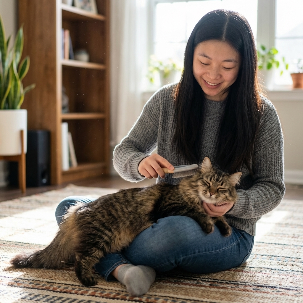 A person gently brushing a long-haired cat on a living room rug while the cat relaxes, soft daylight, photorealistic home pet photography