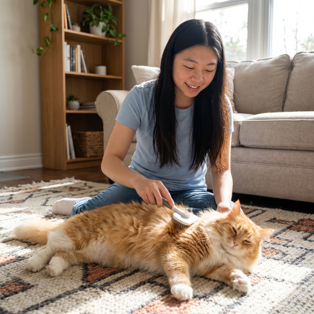 A person gently brushing a relaxed long-haired cat on a living room rug