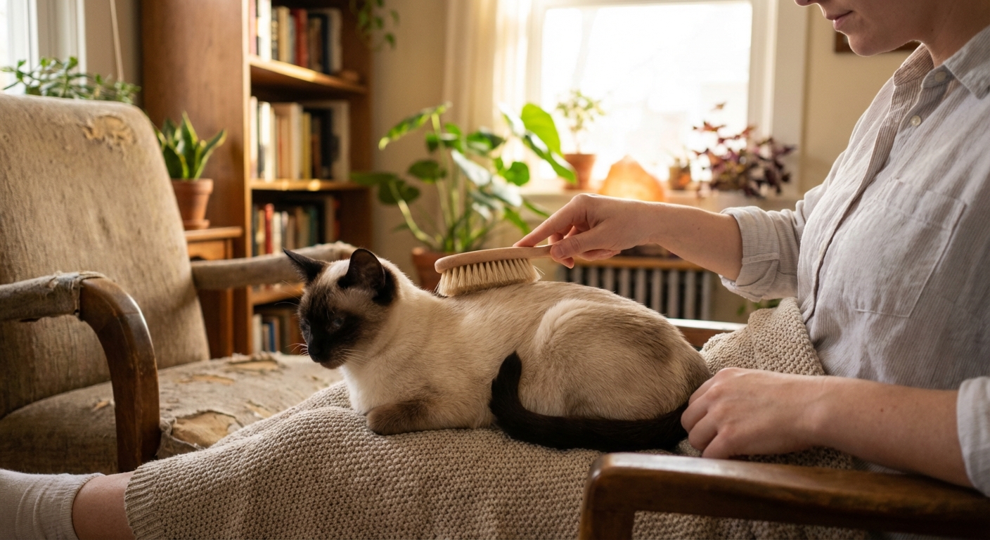 A person gently brushing a short haired Colorpoint Shorthair cat on a blanket in a calm living room