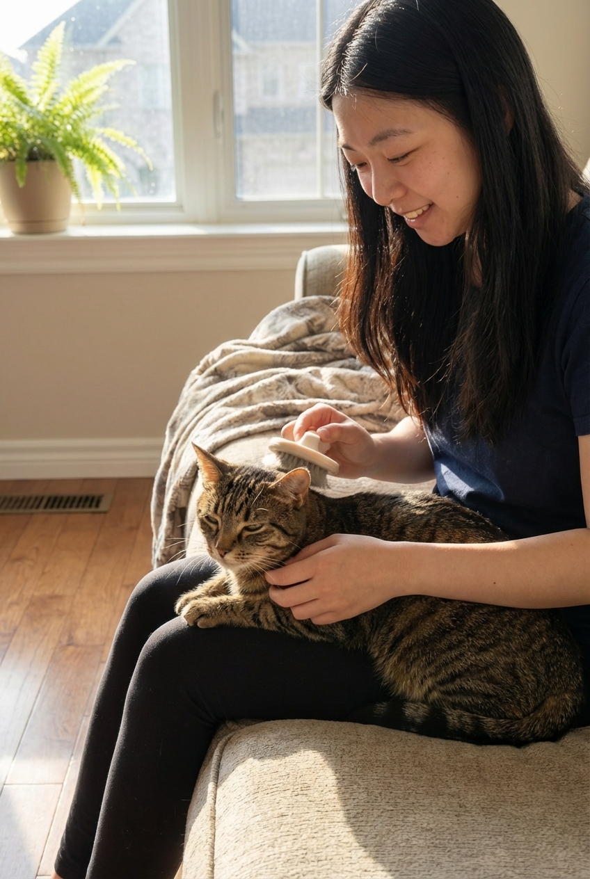 A person gently brushing a short-haired cat on a couch