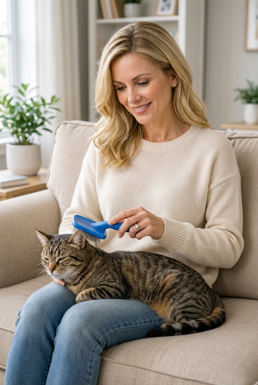 A person gently brushing a short-haired cat on a couch at home