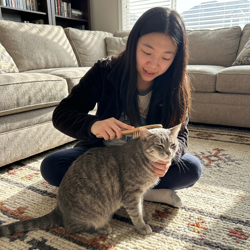 A person gently brushing a short-haired cat on a living room rug