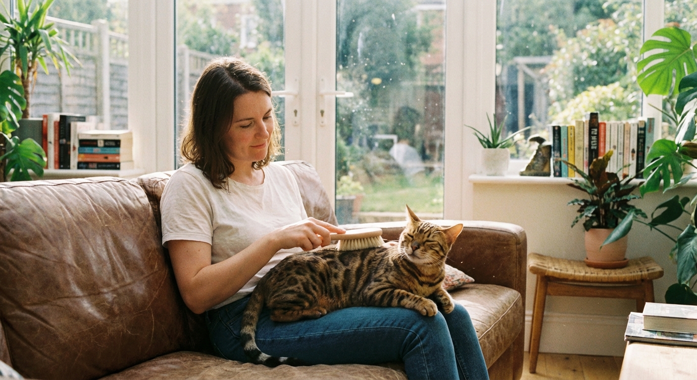 A person gently brushing a short-haired spotted cat on a sofa in a bright living room