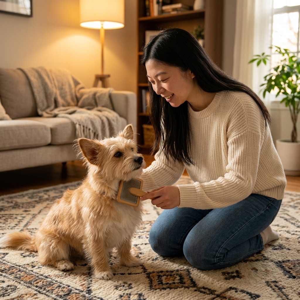 A person gently brushing a small Corgipoo on a living room rug with a slicker brush, cozy indoor lighting, photorealistic pet grooming photography