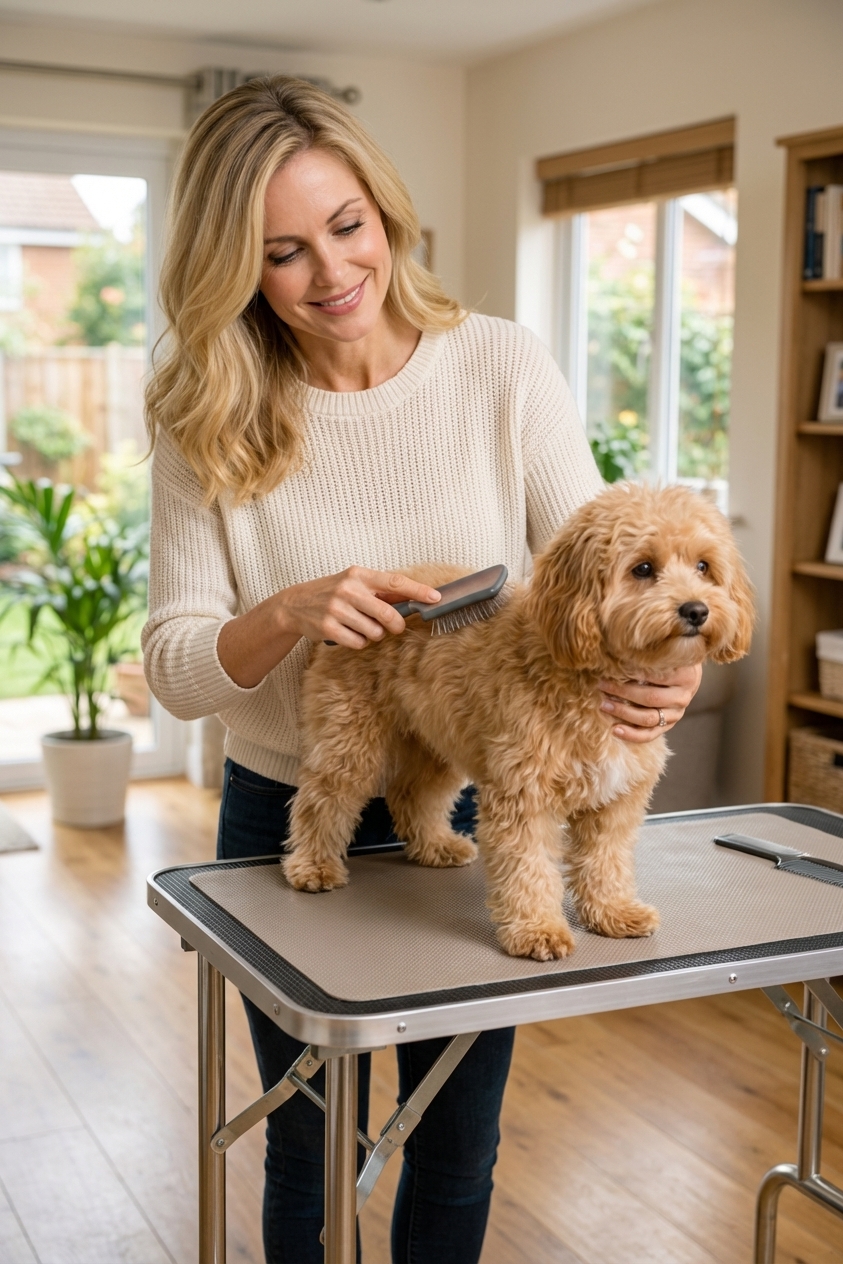 A person gently brushing a small Pomapoo on a grooming table at home, using a slicker brush, coat slightly wavy, photorealistic