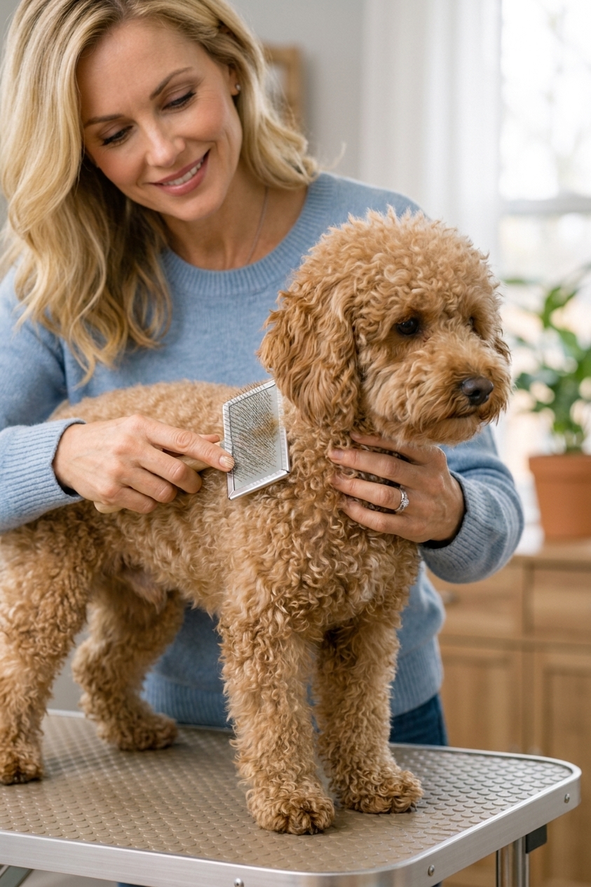 A person gently brushing a small curly-coated dog on a grooming table at home, close-up photo showing brush and coat texture