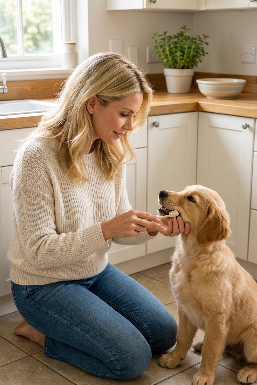 A person gently brushing a small dog’s teeth with a soft pet toothbrush in a kitchen with natural light, realistic lifestyle photo
