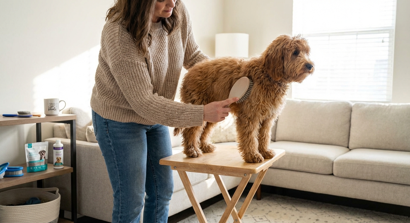 A person gently brushing a wavy-coated Bordoodle on a grooming table at home