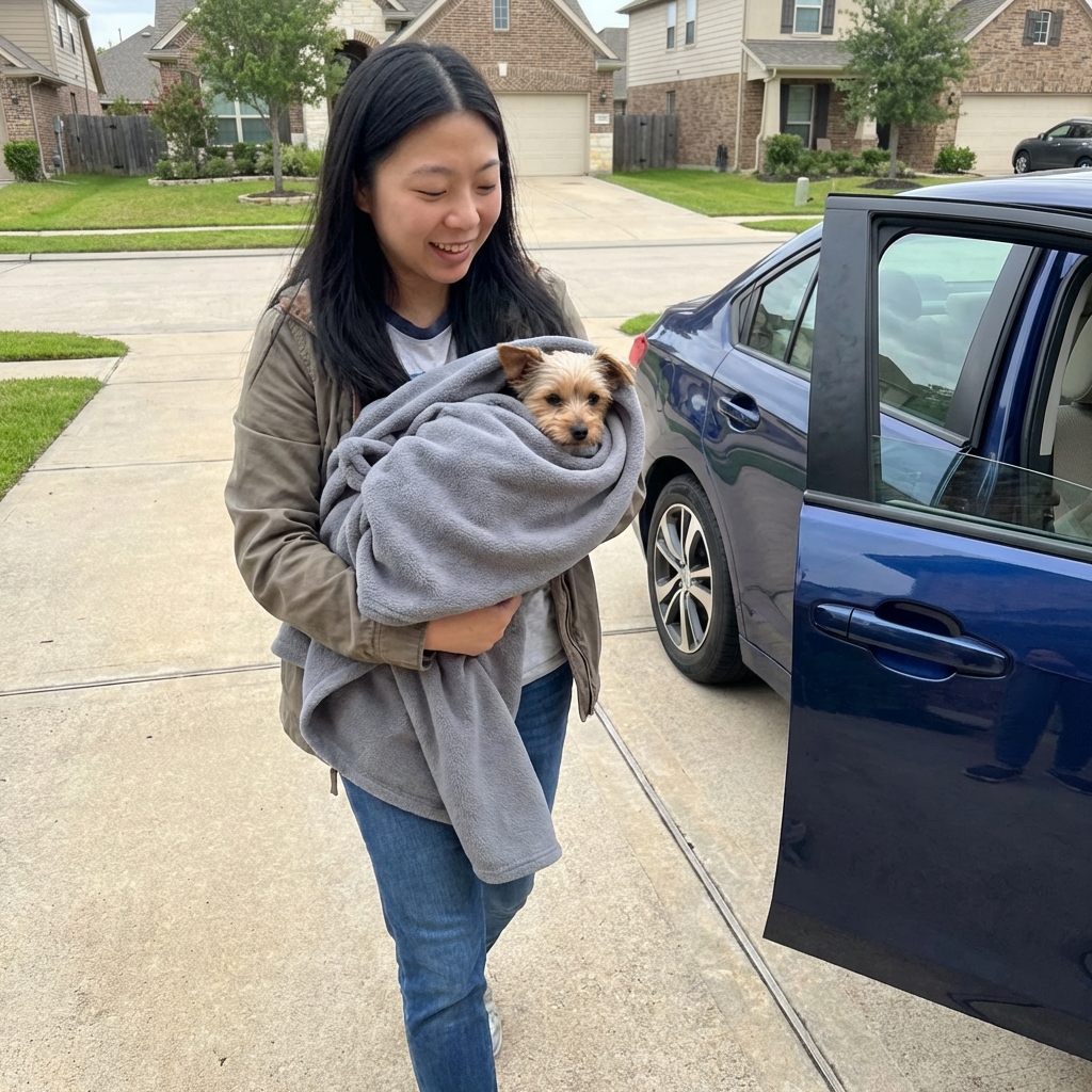A person gently carrying a small dog wrapped in a blanket while walking toward a car in a driveway