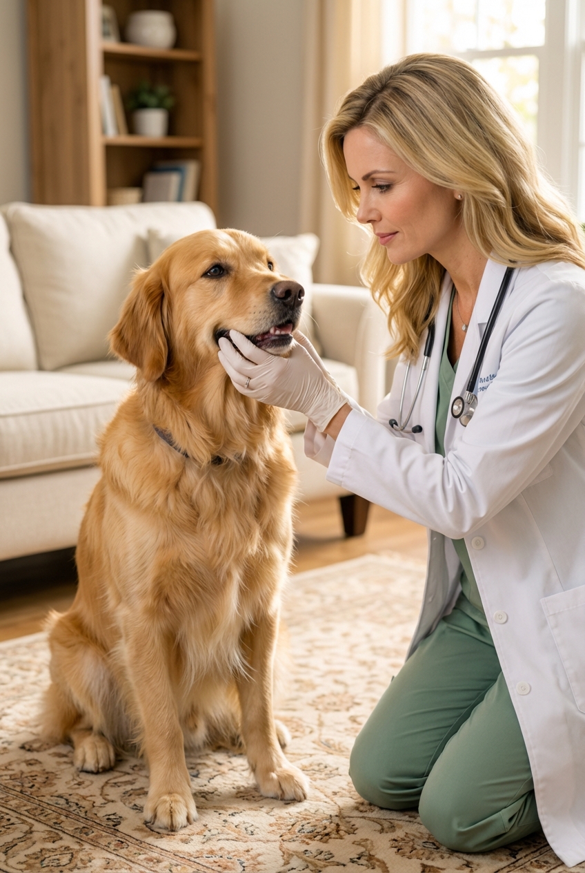 A person gently checking a dog's gums while the dog sits calmly on a living room rug