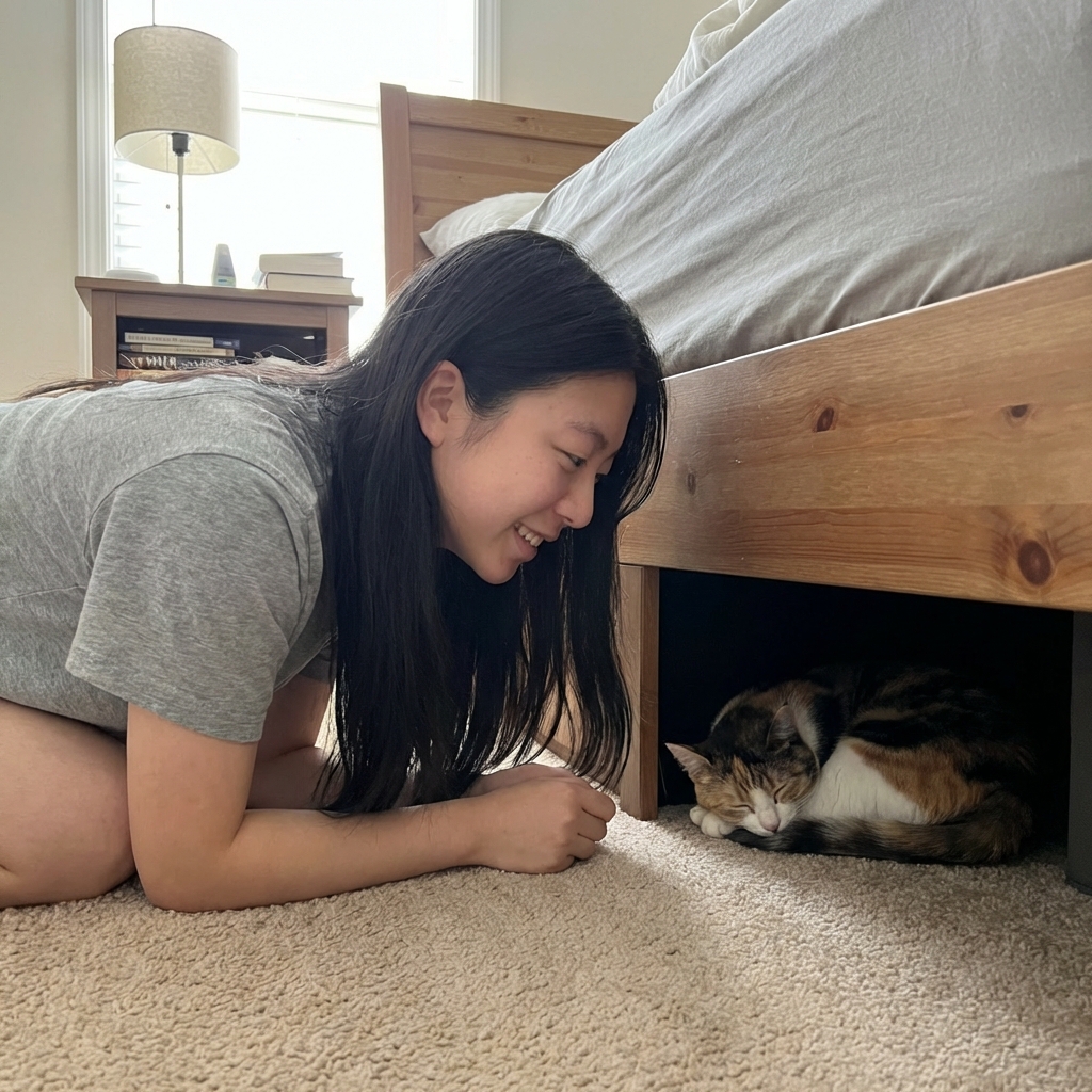 A person gently checking on a cat resting under a bed in a quiet bedroom