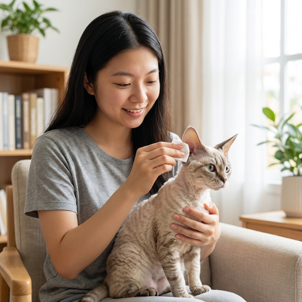 A person gently cleaning a Devon Rex cat's ear with a cotton pad in a calm home setting