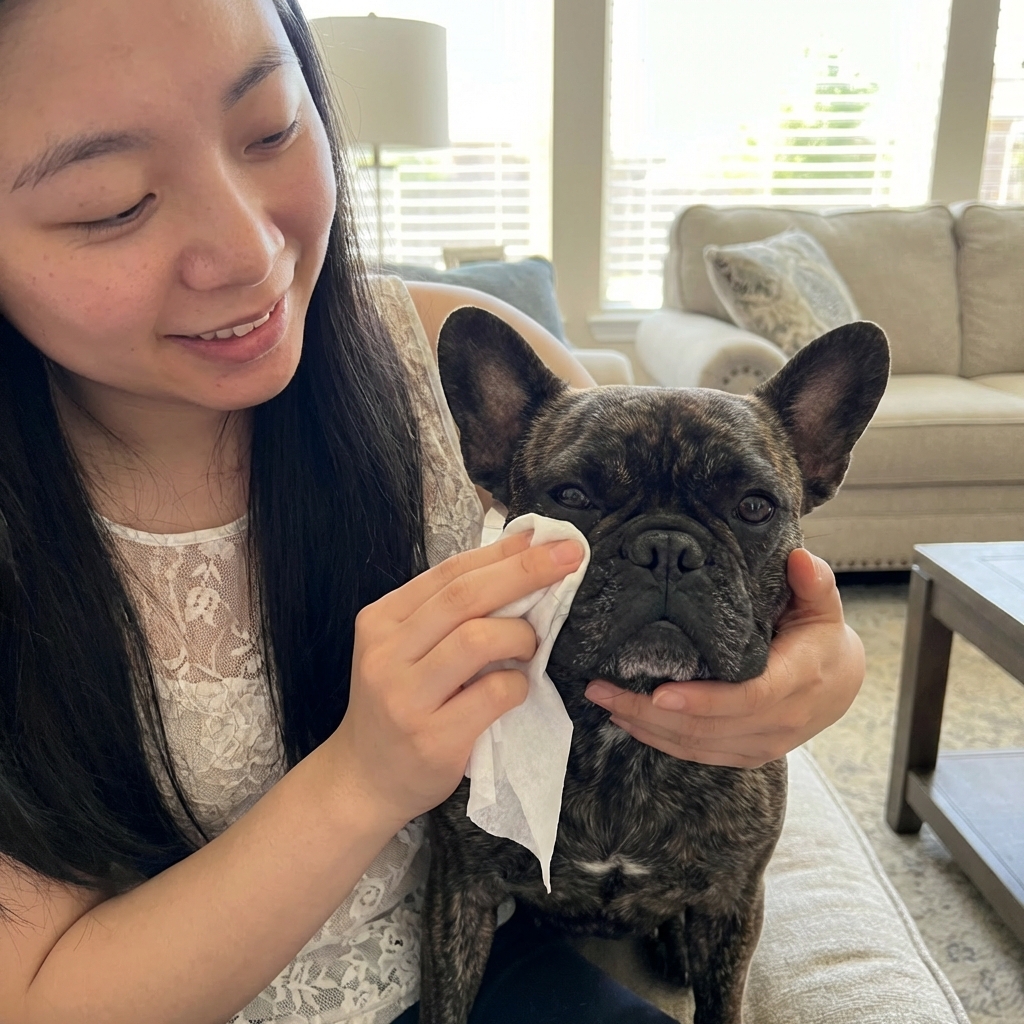 A person gently cleaning a French Bulldog facial wrinkle with a soft pet wipe