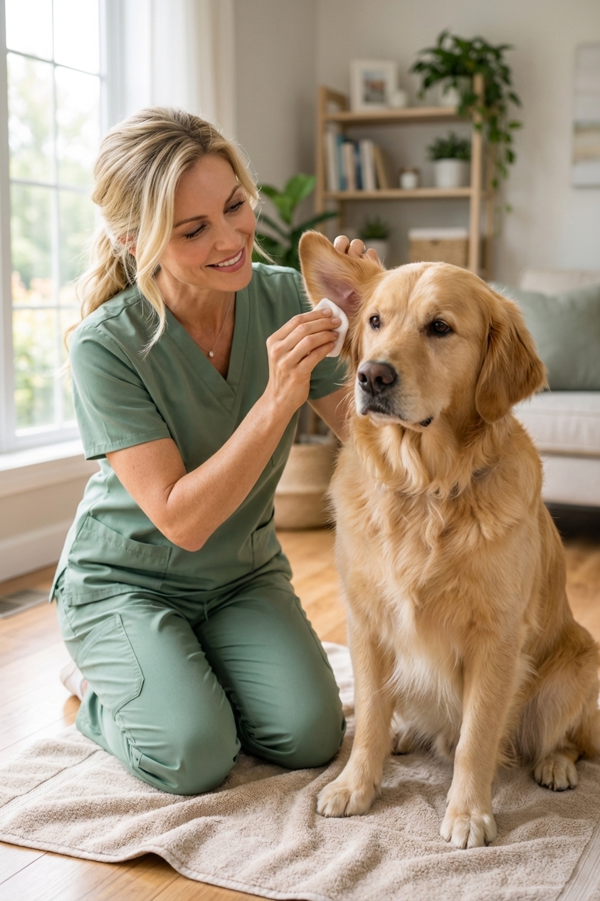 A person gently cleaning a dog’s floppy ear with a cotton pad while the dog sits calmly on a towel, photorealistic