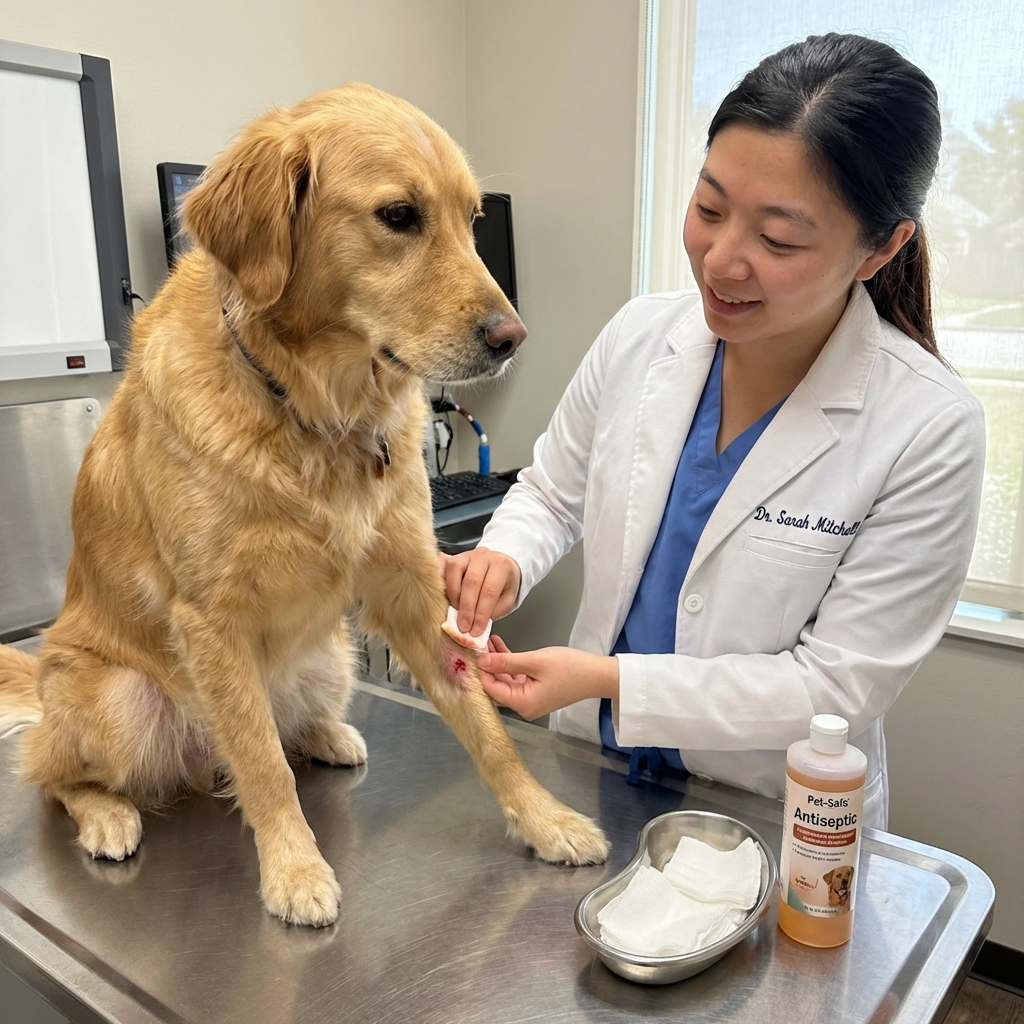 A person gently cleaning a dog’s small skin irritation with gauze and a pet-safe antiseptic solution