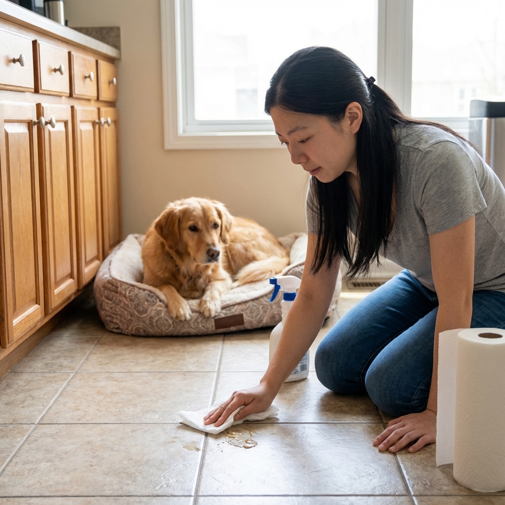 A person gently cleaning a small vomit spot on a kitchen floor while a dog rests calmly on a nearby bed