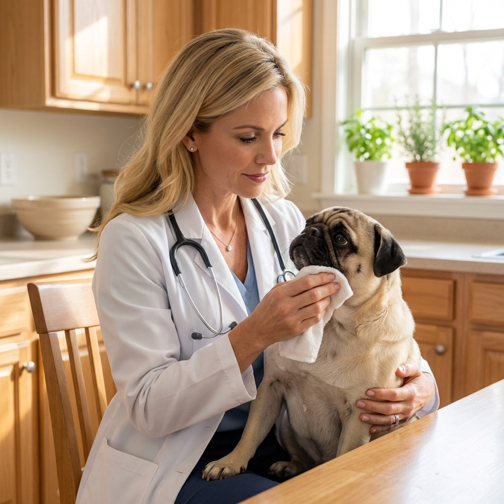 A person gently cleaning the facial wrinkles of a Pug with a soft cloth in a bright kitchen