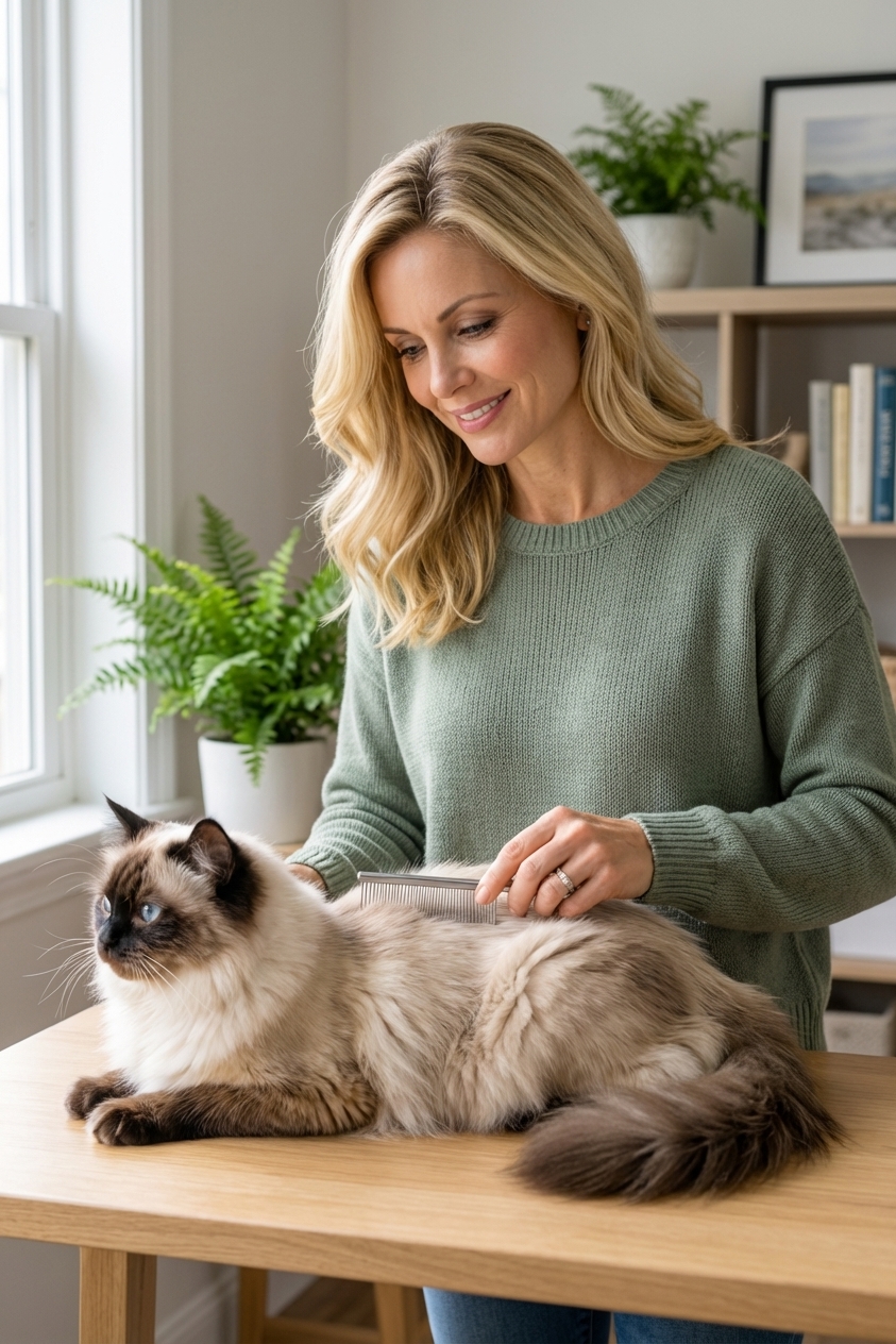 A person gently combing a long-haired colorpoint cat on a grooming table at home, the cat relaxed and looking to the side, realistic indoor lighting