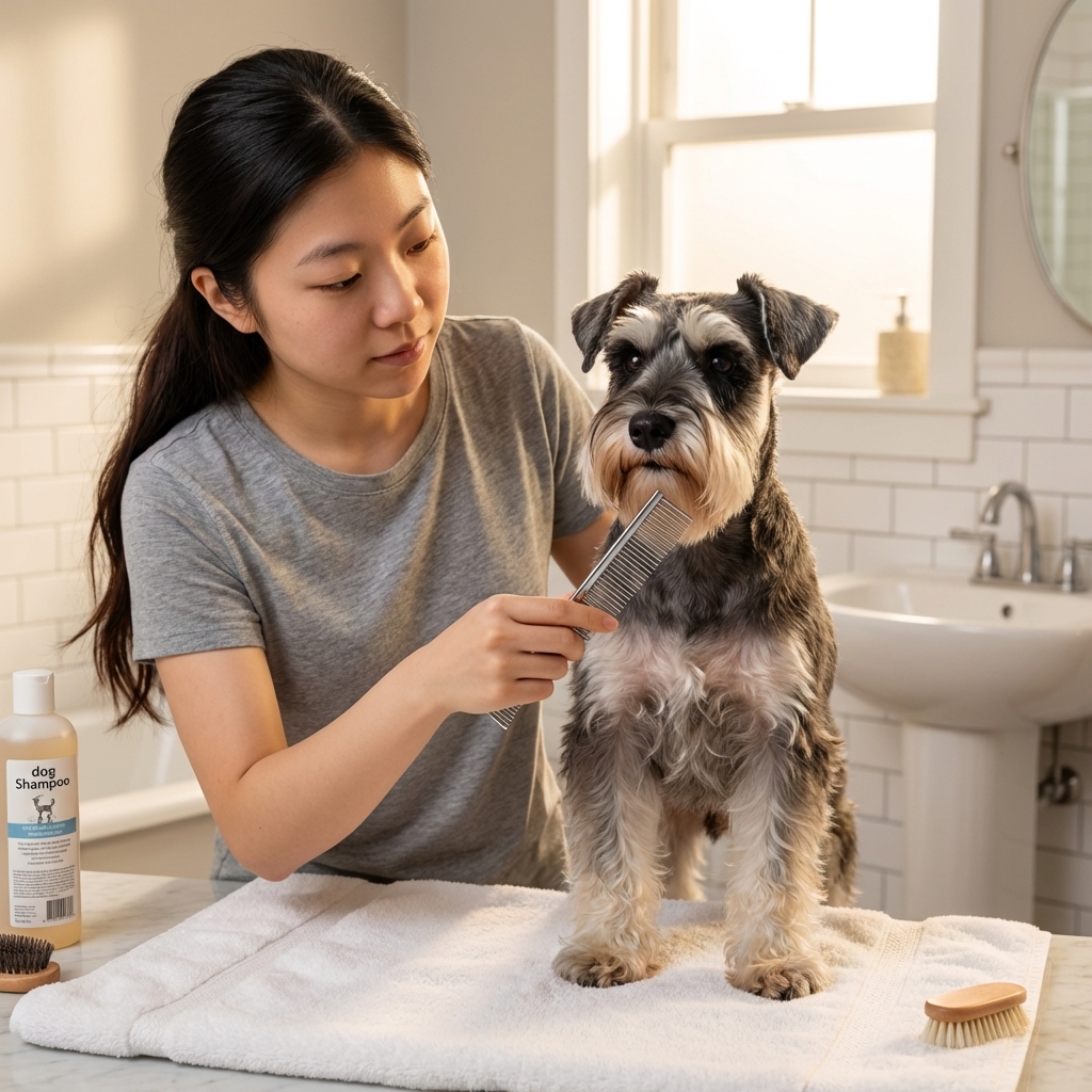 A person gently combs a Miniature Schnauzer’s beard while the dog stands on a towel in a bathroom.