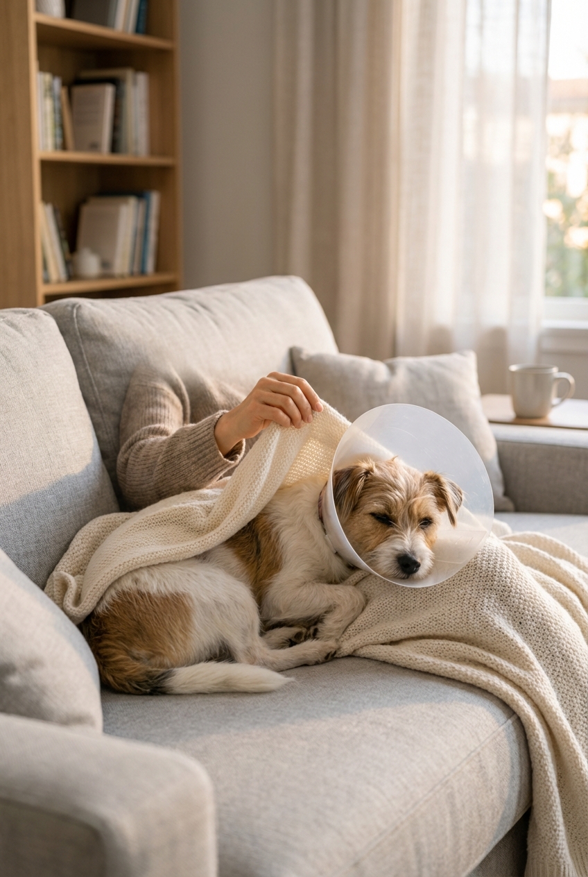 A person gently covering a small dog with a blanket on a couch during post-surgery recovery