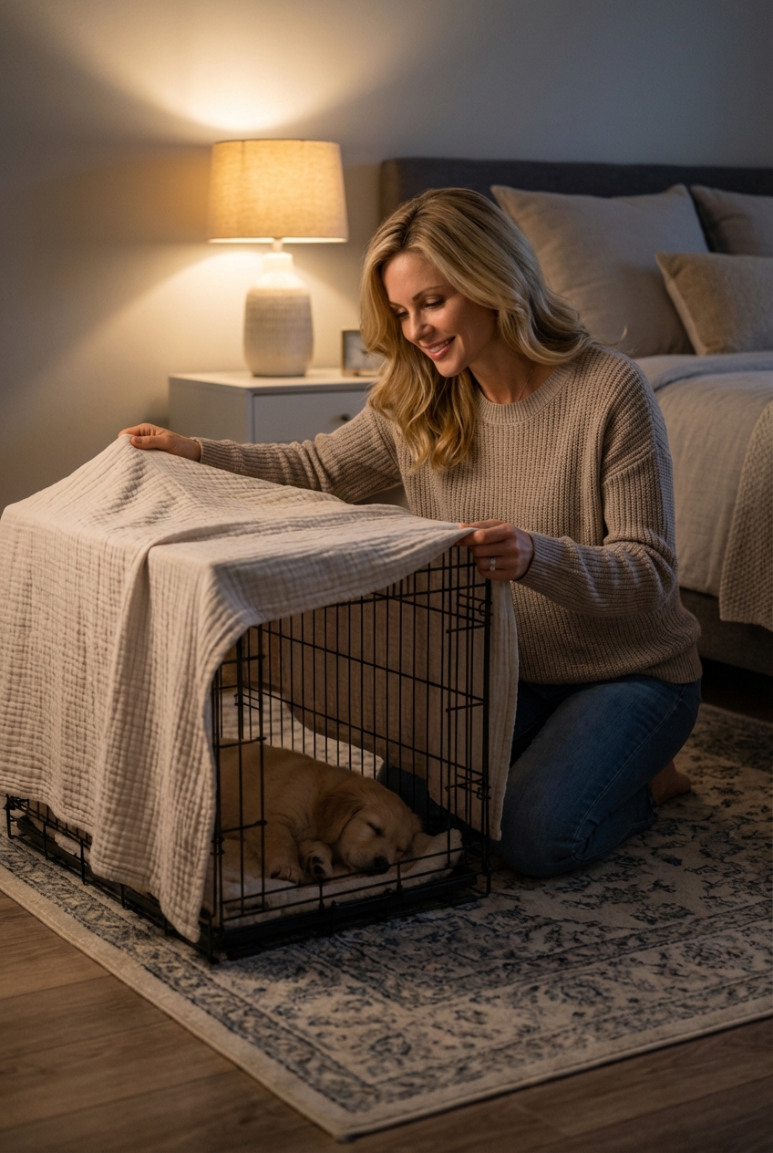 A person gently covering part of a puppy crate with a breathable blanket in a dim bedroom