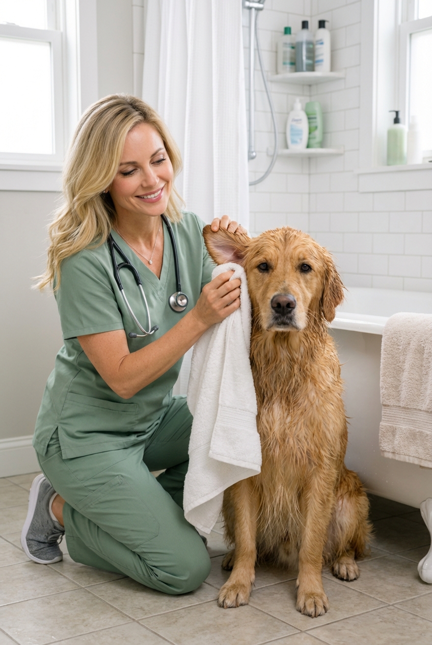 A person gently drying a dog’s ear flap with a clean towel after a bath