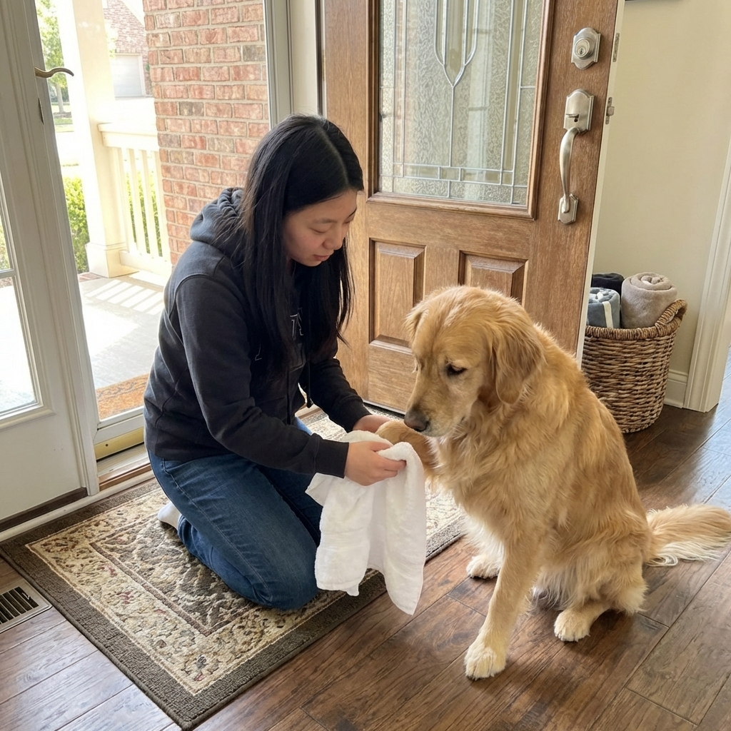 A person gently drying a dog’s paw with a clean towel near a front door