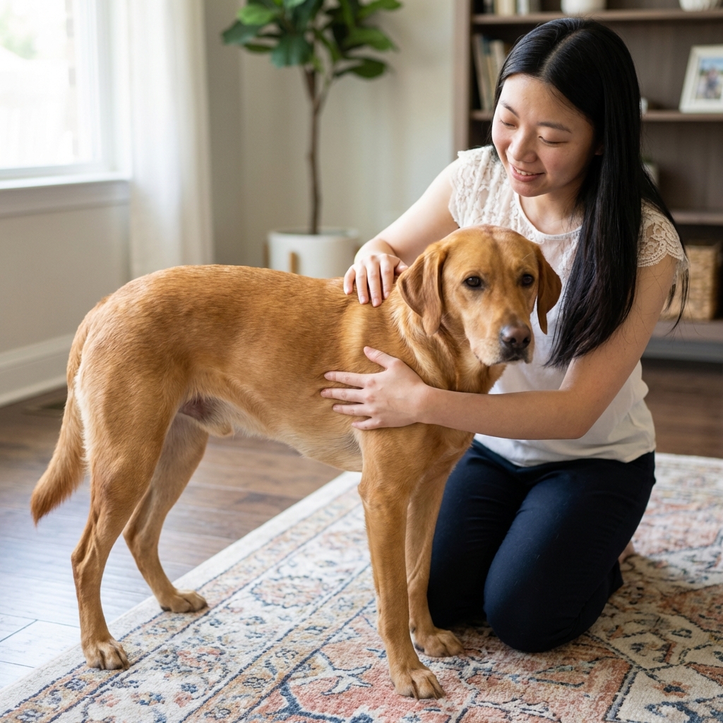 A person gently feeling a dog’s ribs with both hands while the dog stands calmly on a rug