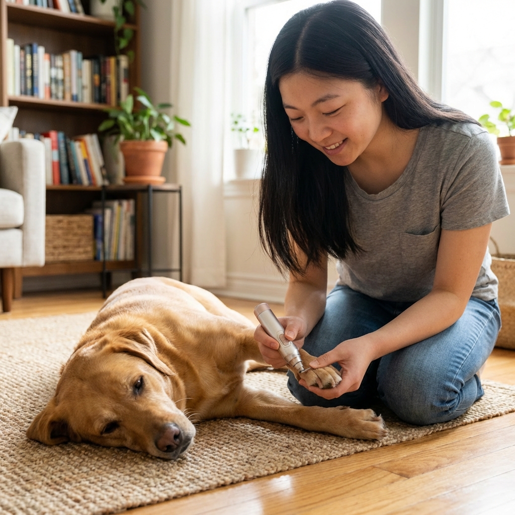 A person gently grinding a medium-sized dog’s nail while the dog lies calmly on a mat