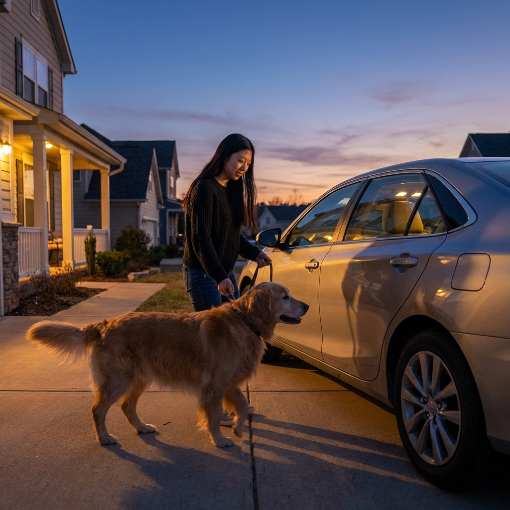 A person gently guiding a large dog on a leash toward a car in a driveway at dusk