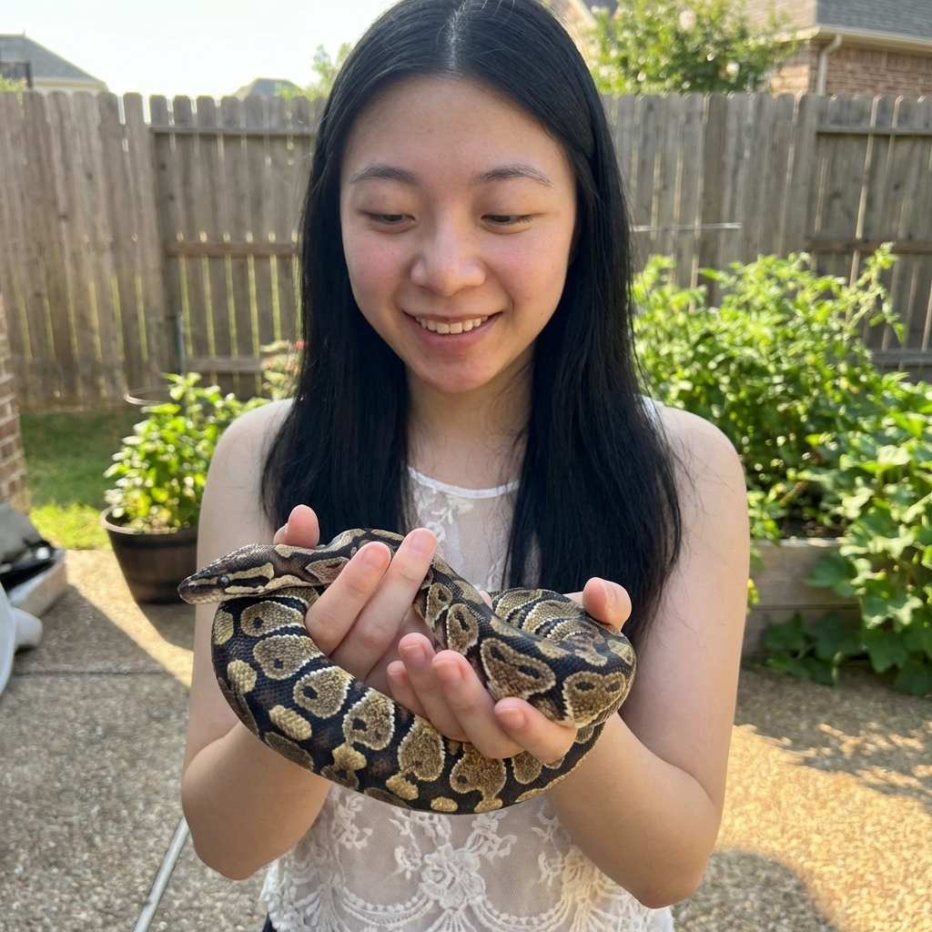 A person gently holding a ball python with both hands supporting the snake’s body