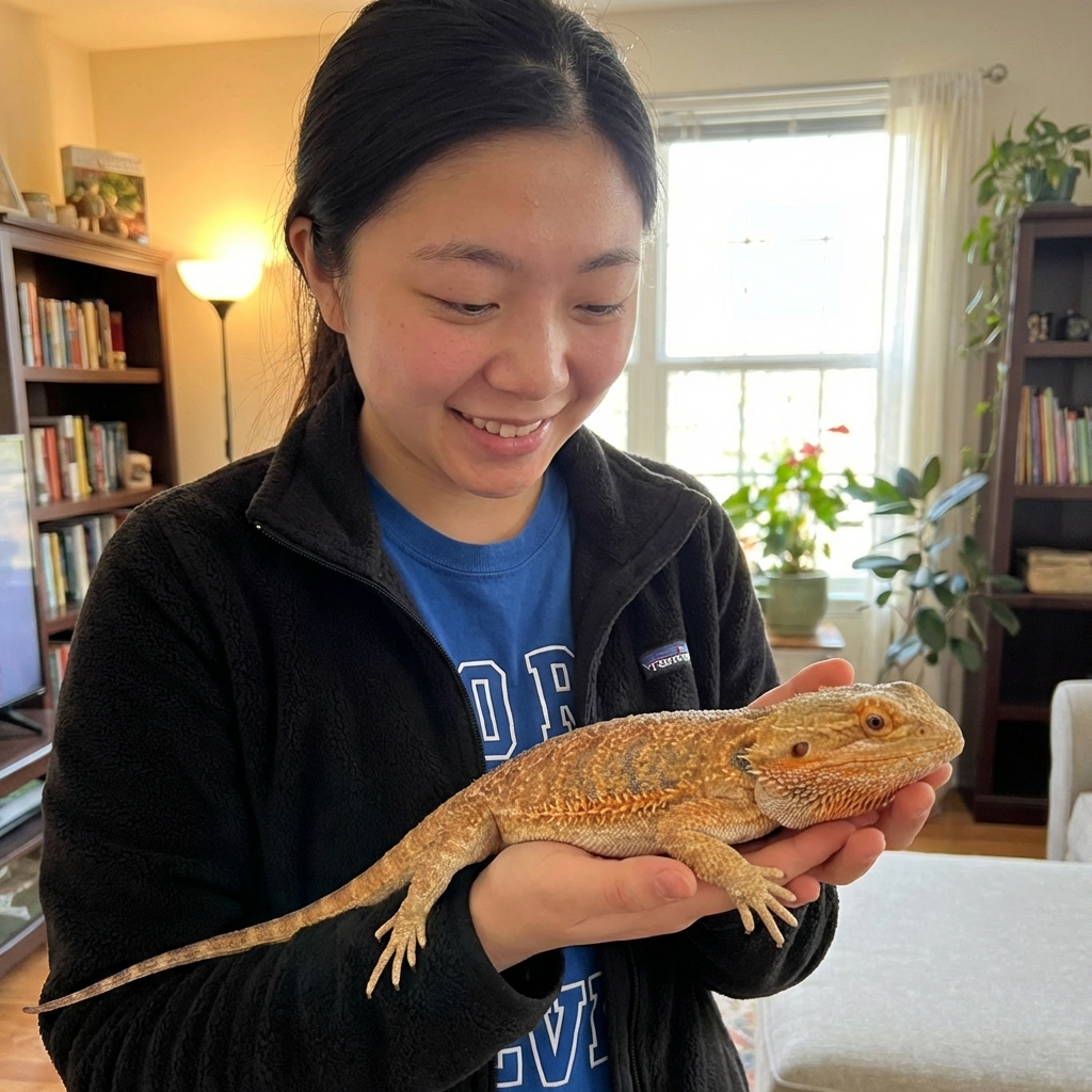 A person gently holding a calm bearded dragon with both hands in a quiet indoor room