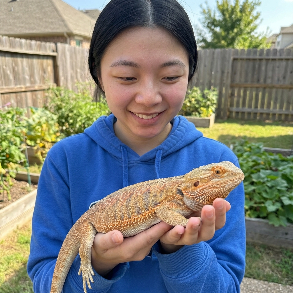 A person gently holding a calm bearded dragon with both hands supporting its body