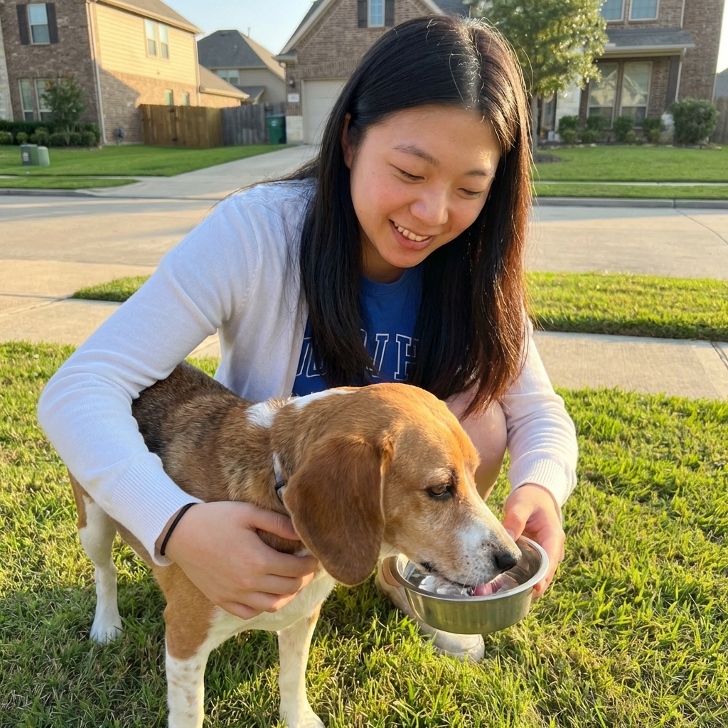 A person gently holding a calm dog by the chest while offering a small bowl of water
