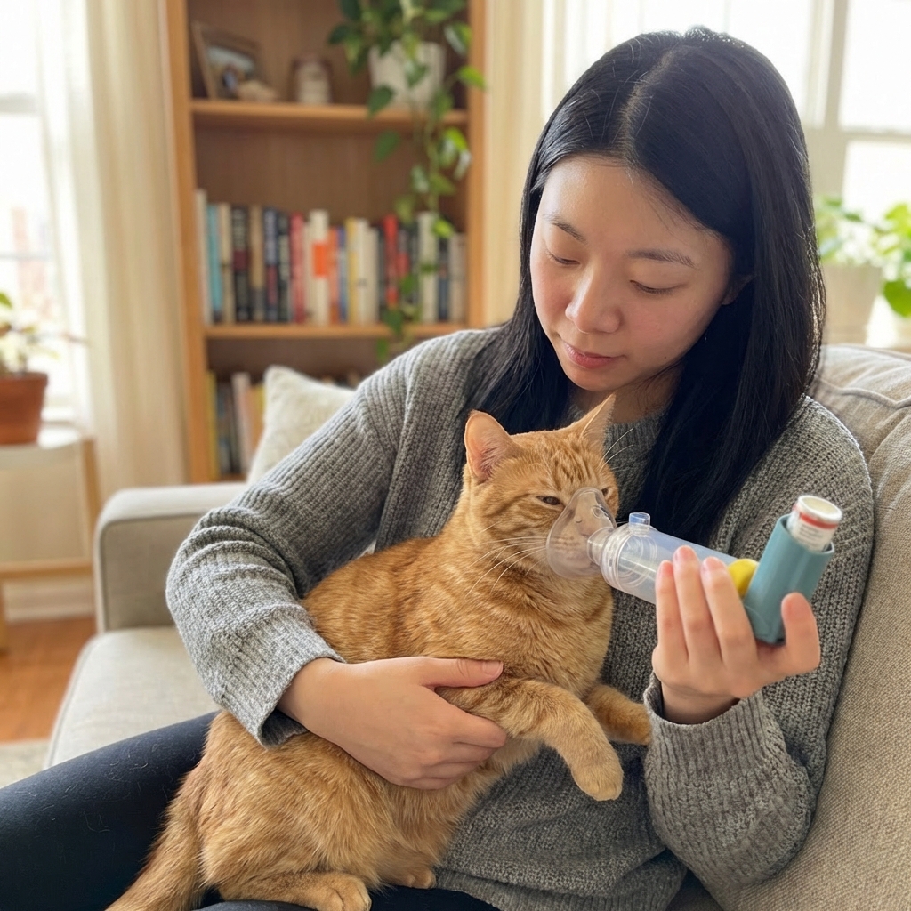 A person gently holding a cat while using a feline inhaler spacer with a mask in a calm home setting