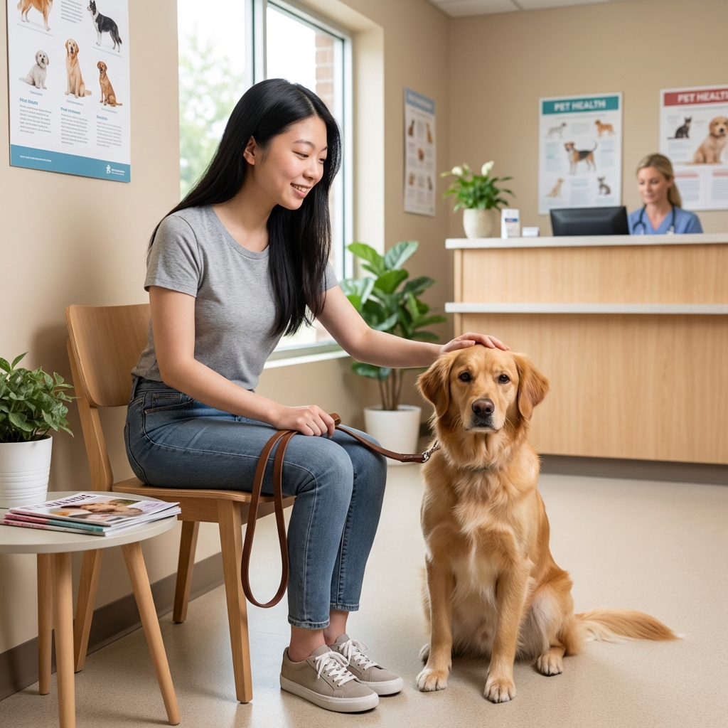 A person gently holding a dog on a leash in a veterinary clinic waiting room