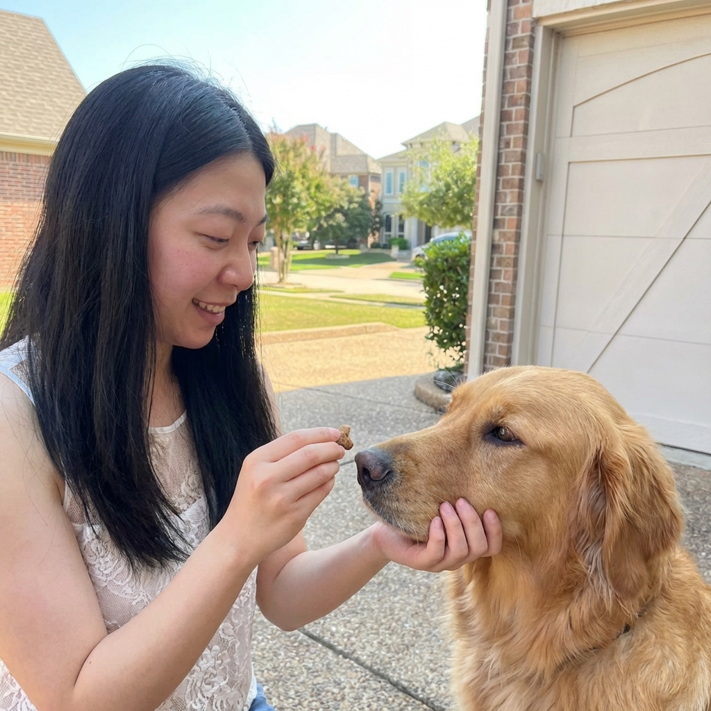 A person gently holding a dog’s muzzle while offering a small treat as a reward