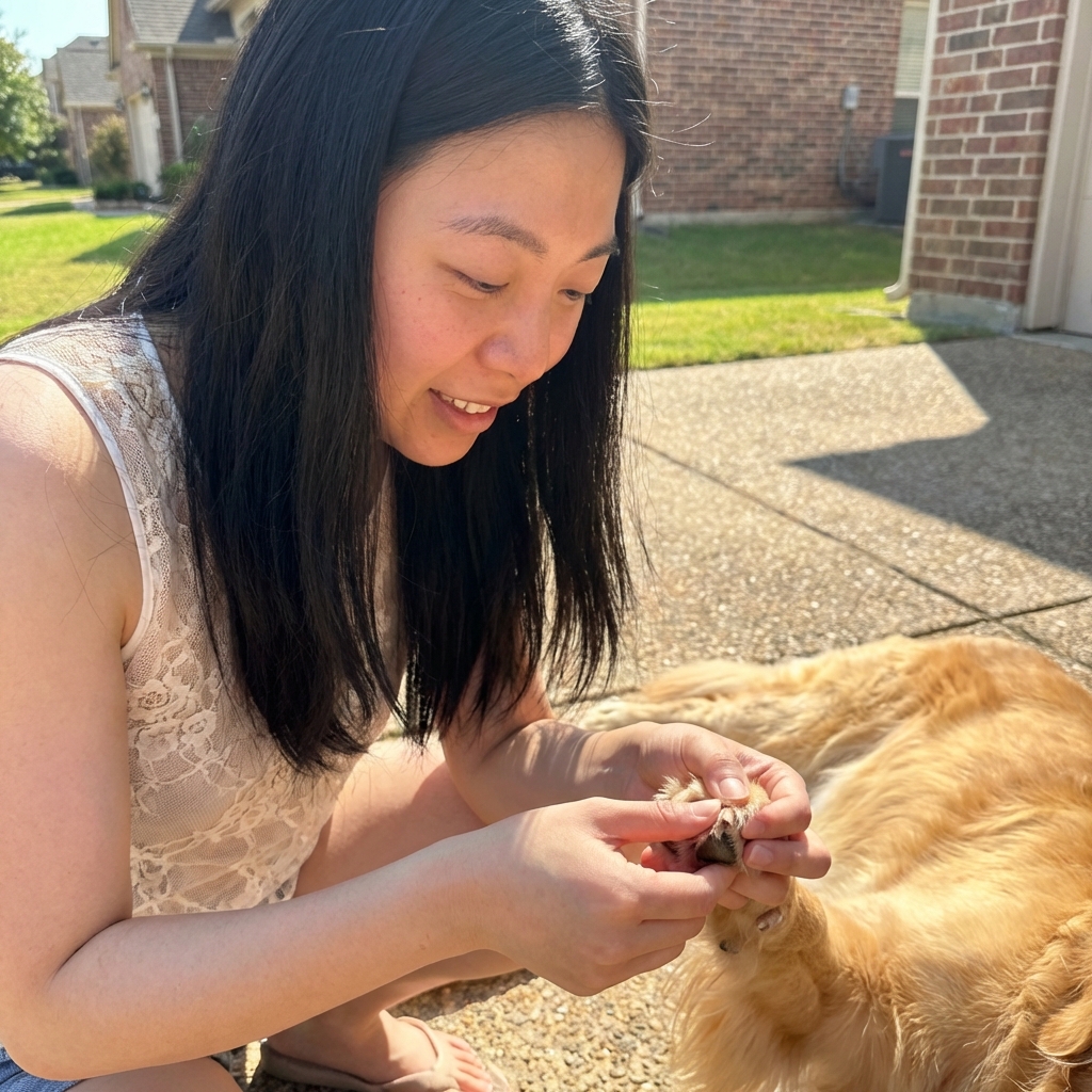 A person gently holding a dog's paw and spreading the toes apart to check the skin between them in bright natural light