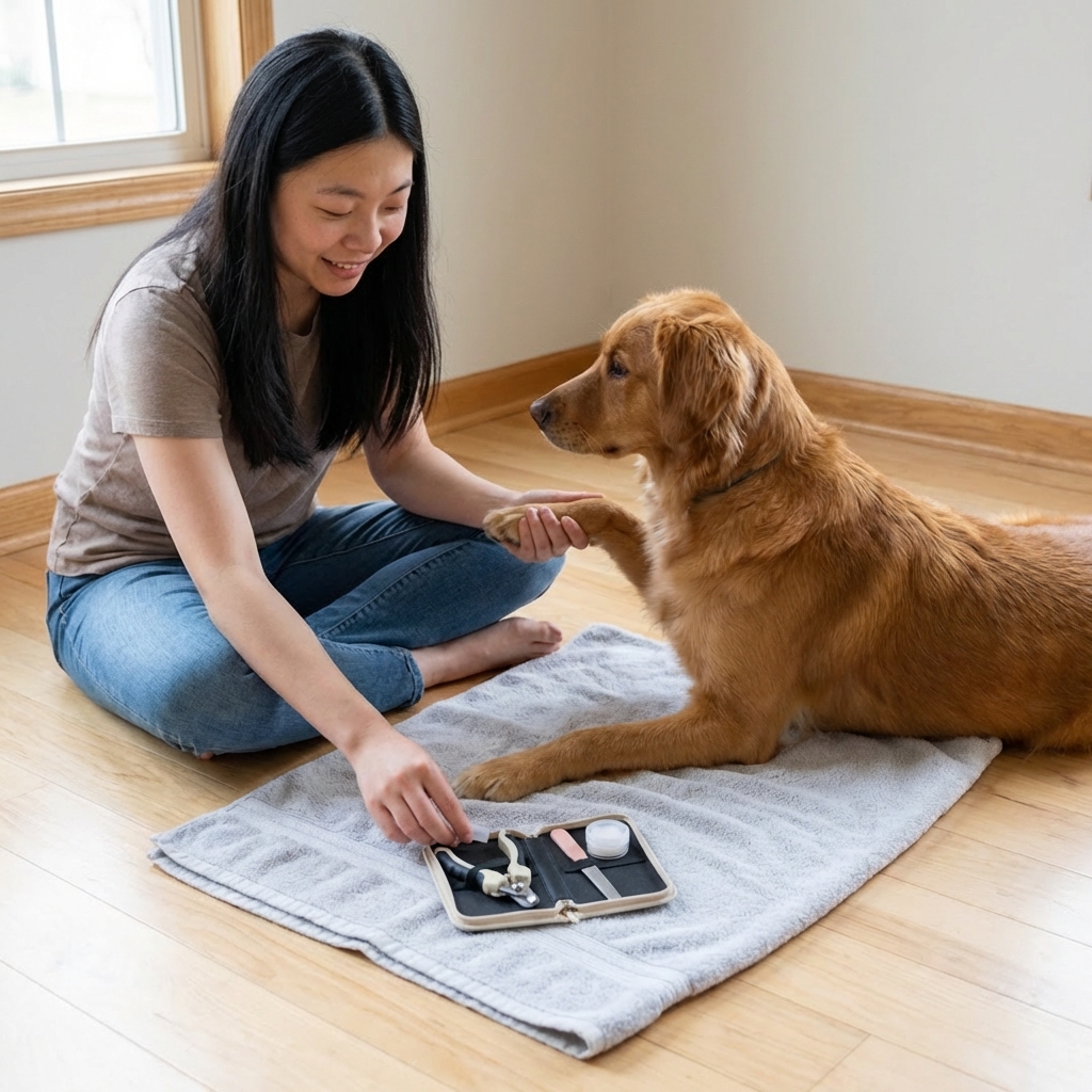 A person gently holding a dog's paw on a towel while preparing nail trimming supplies on a clean floor