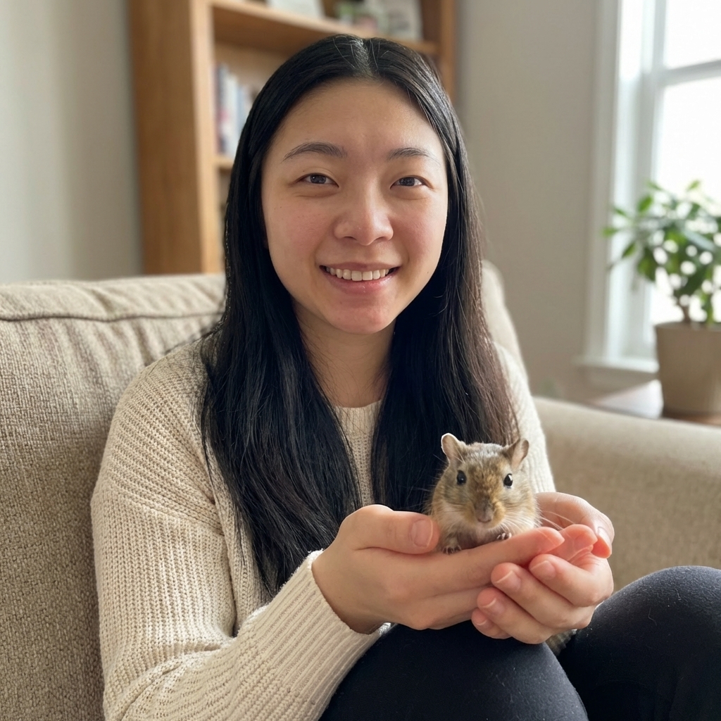A person gently holding a pet gerbil with two hands over a sofa, the gerbil calm and alert, natural indoor lighting, photorealistic