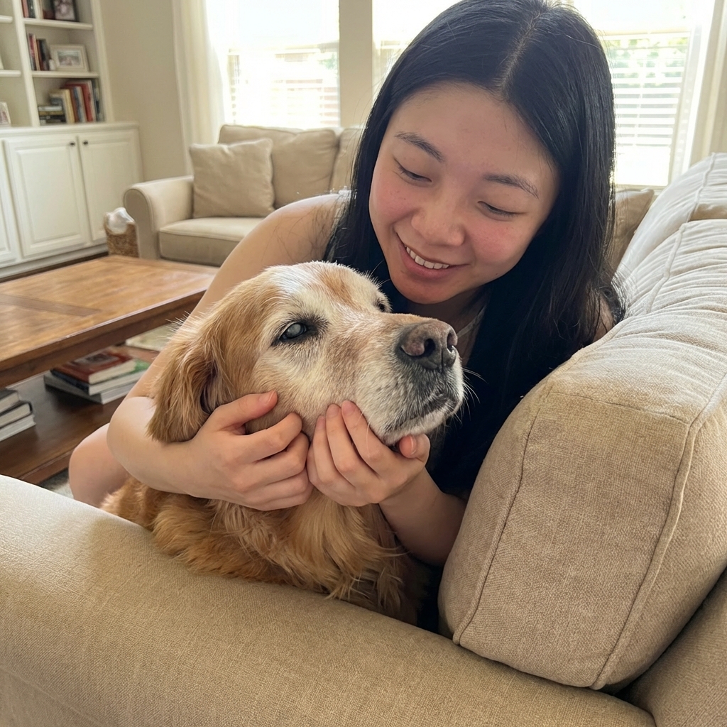 A person gently holding a senior dog's face while sitting together on a living room couch
