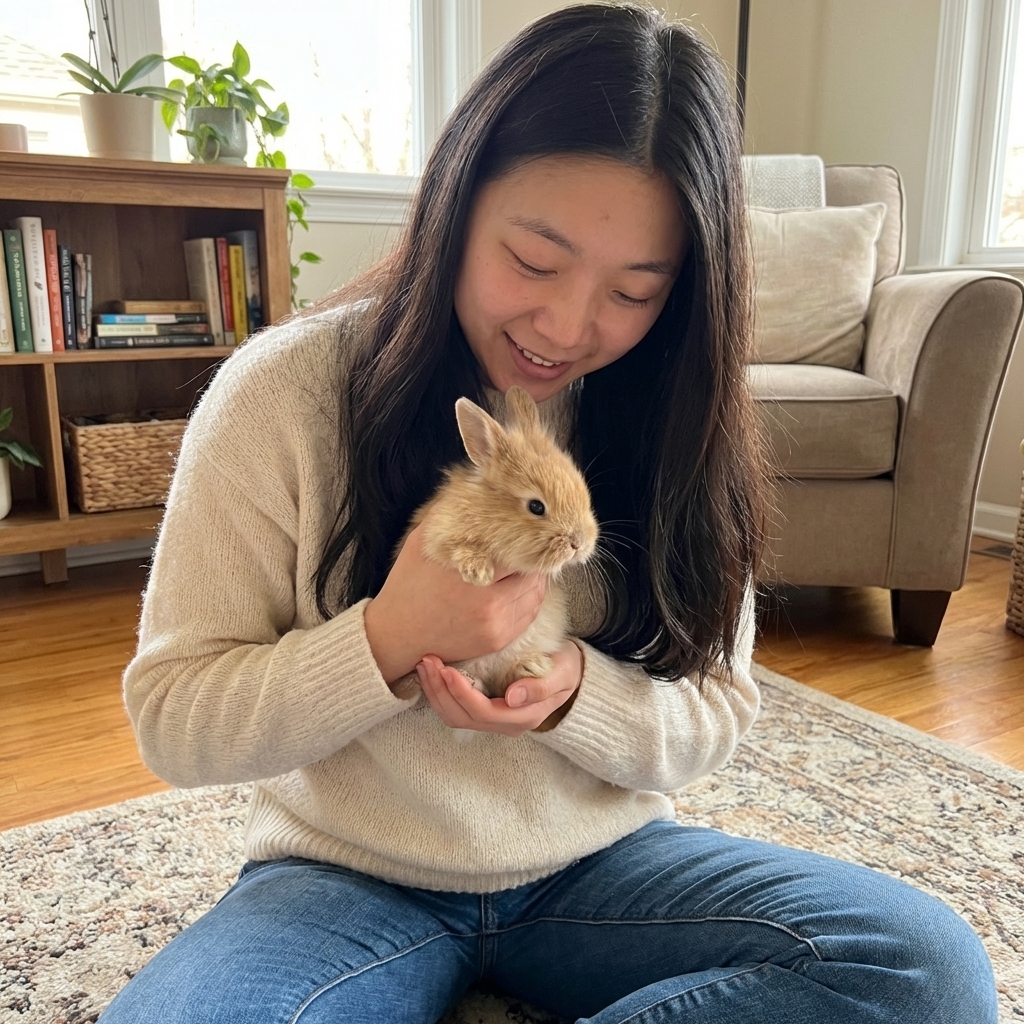 A person gently holding a small baby rabbit with both hands supporting chest and hindquarters while sitting on the floor, calm indoor scene, photorealistic
